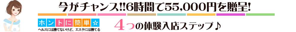 今がチャンス！！6時間で55,000円を贈呈！
4つの体験入店ステップ！